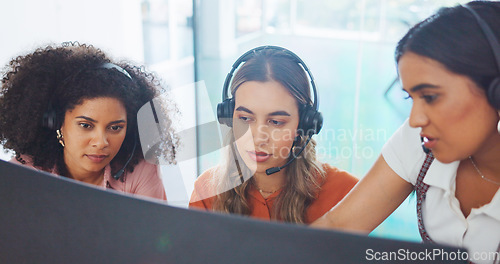 Image of Business, women and call center with employee, manager and conversation for process, system and workplace. Female agents talking, headset and coworkers for customer support, telemarketing and support