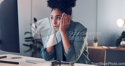 Image of Business, computer and woman tired, burnout and headache with work, schedule and planning in office. Female, ceo and entrepreneur overworked, stress and depression with pain, mental health and online