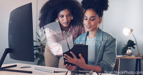 Image of Computer, black african american woman or manager coaching, training or helping an employee with mentorship at office desk. Leadership, collaboration or worker with a question talking or speaking of