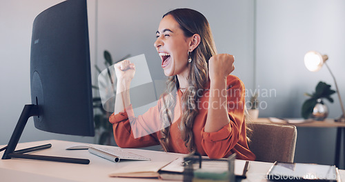 Image of Headache, computer or woman copywriting with stress, burnout or mental health problems at office desk. Migraine, anxiety or employee in pain while working on digital marketing content or media post