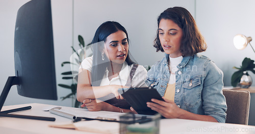 Image of Tablet, computer or manager coaching an employee in digital marketing, copywriting or email marketing. Leadership, mentorship or women talking or speaking of an online SEO