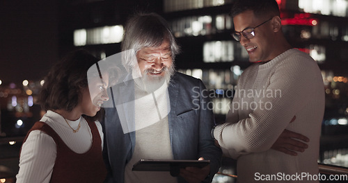 Image of Business team, tablet and night on city building rooftop talking global networking, digital marketing and social media. Man and woman with 5g network on mobile stock market app for innovation idea