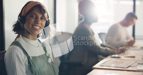 Image of Telemarketing, call center and face of a woman in customer service, crm consulting and online support. Contact us, customer support and portrait of a consultant with a smile for help desk work
