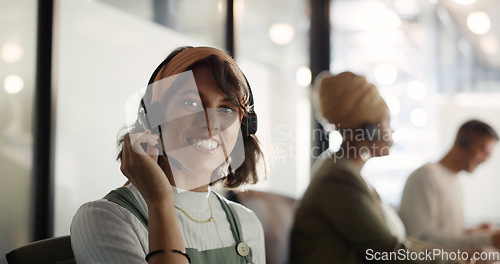 Image of Telemarketing, call center and face of a woman in customer service, crm consulting and online support. Contact us, customer support and portrait of a consultant with a smile for help desk work