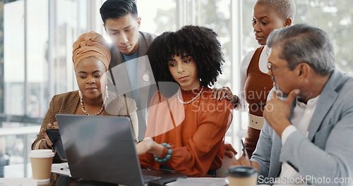 Image of Team, business people and conversation with laptop, brainstorming for advertising campaign and office. Staff, teamwork and digital analysis for group project, sales growth and collaboration for goal