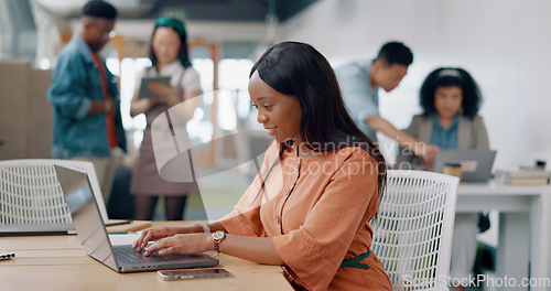 Image of Black woman, thinking and laptop for digital marketing, writing notes or online schedule in modern office. African American female, administrator and creative with idea, planning advertising or focus