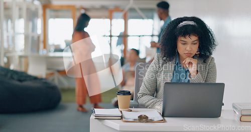 Image of Thinking, laptop or black woman working on a digital marketing seo strategy for an advertising or digital agency. Typing, research or social media page editor copywriting an internet article or blog