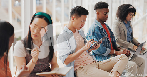 Image of Diversity campus students with notebook, technology and study for college exam, university test or school course. Group row, scholarship education and people learning, studying and working on project