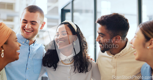 Image of Office, diversity and business people hug for team building, teamwork and collaboration. Happy workers, smile and embrace in motivation, goals or vision of about us, company trust and startup growth