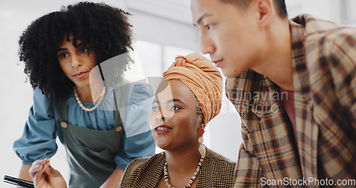 Image of Business people, black woman and leadership with documents, folder and communication, collaboration and advice with tablet. Technology, paperwork and team with diversity in corporate office and pc.