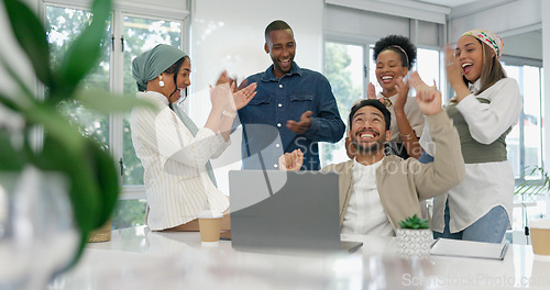 Image of Dancing businessman, laughing or success clapping in company growth, sales deal or teamwork collaboration. Smile, happy or worker dance and diversity people in celebration, winner or victory applause