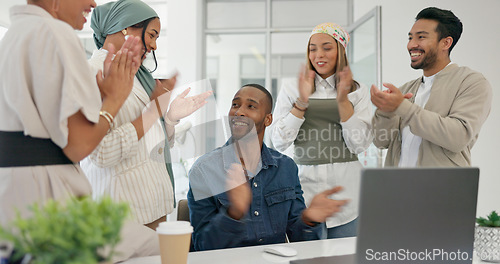 Image of Success, applause and black man with proposal in office at startup business with proud team. Congratulations, cheering and support for winner target achievement with employees clapping hands at desk.