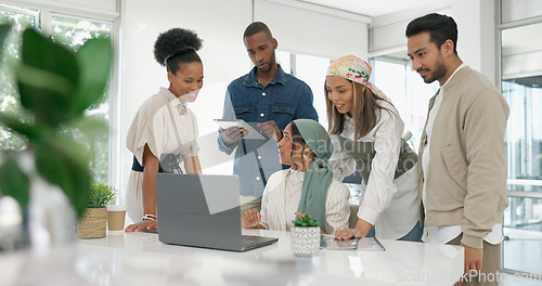 Image of Coaching, collaboration and training, team at laptop in discussion on project management with manager. Leadership, planning and brainstorming, woman mentor teaching business staff at creative office.