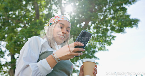 Image of Phone, outdoor and happy woman for job opportunity, career news or online networking ideas, vision or goals. Smile business person, coffee break and smartphone for social media, 5g chat or mobile app