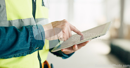 Image of Building, digital tablet and construction worker hands planning and schedule at a site, checking online plan and strategy. Vision, design and engineer man working on project details for innovation