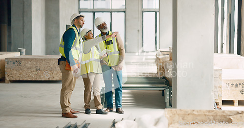 Image of Digital tablet, site and engineering team working on construction, logistic and architecture project, Teamwork, collaboration and industrial contractor in discussion with workers in industry building