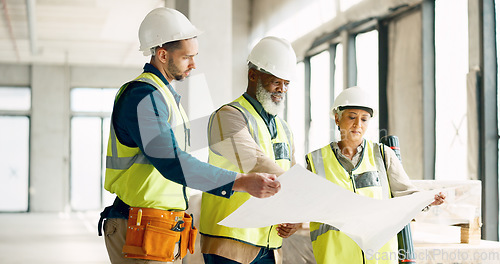 Image of Architect, team and construction site blueprint with construction workers planning and sharing goal, vision and idea. Building, collaboration and model development teamwork on industrial layout