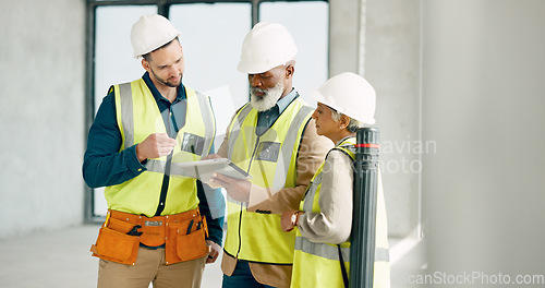 Image of Engineer, contractor and architect with tablet in conversation on project management, strategy and planning. Teamwork, men and woman in construction for safety, building maintenance and architecture.