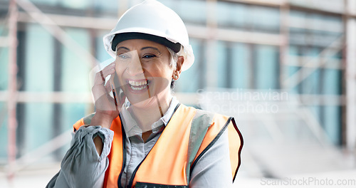 Image of Construction site, contractor and happy woman developer phone call planning for logistics, industrial engineering and city project management. Laughing mature architect manager talking on smartphone