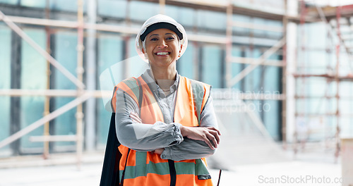 Image of Building, architecture construction worker woman on site civil engineering development, industrial project and job motivation portrait. Happy, proud engineer or contractor manager with ppe compliance