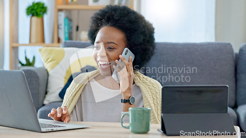 Image of Woman, call and laptop budget planning conversation with online financial consultant to help with taxes on living room sofa. Black woman, work from home and remote internet fintech banking consulting