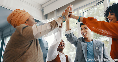 Image of Success, team work or people high five in office for meeting sales kpi goals, winning or target achievement. Support, happy or employees in celebration of business growth, partnership or project deal