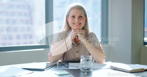 Image of Business, face and senior woman thinking in office, confident and planning for marketing campaign. Mature female, employee and ceo with target, prepare for corporate deal and goal in workplace.