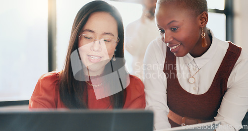 Image of Business women, laptop or tablet in teamwork collaboration, digital marketing planning or branding strategy. Happy smile, talking creative designers and technology in coworking office or slow motion