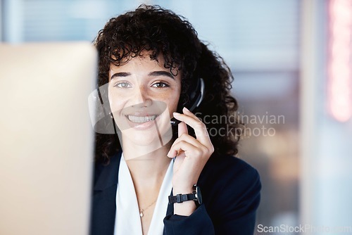 Image of Portrait, call center consultant and black woman working on lead generation on a office call. Customer service, web support and contact us employee with a smile from online consulting job and career