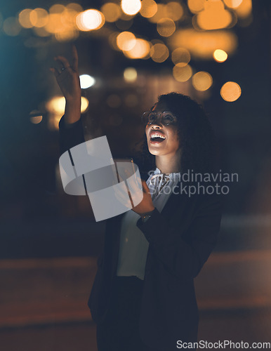 Image of Phone, night stars and black woman outdoor checking galaxy and solar system on app. Happy, smile and young person in city pointing to star constellations at night with cellphone and web connection