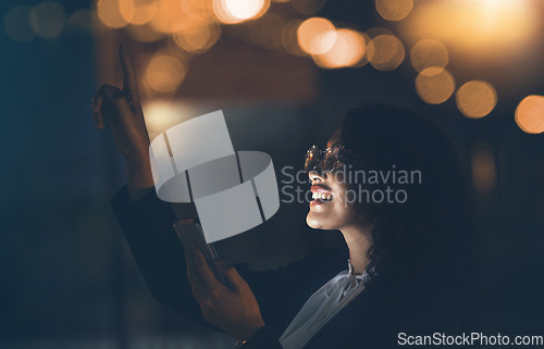 Image of Phone, night stars and black woman outdoor checking stars and solar system with mobile app. Happy, smile and young person in city pointing to star constellations in the dark with cellphone and web