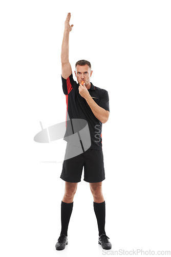 Image of Man, sports referee and blowing whistle with hand up for warning, penalty or fail in studio. Fitness coach, sign of mistake and error or soccer rules for competition game isolated on white background