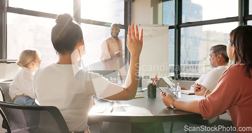 Image of Business leader, presentation and whiteboard for office meeting with team of employees for planning, briefing and talking strategy for growth. Black man speaker with men and women for agenda training