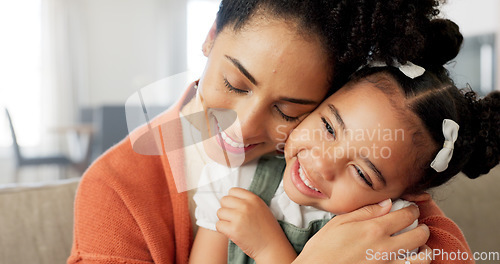 Image of Happy, mother and child with hug, kiss and love for playful relationship bonding on living room sofa at home. Mama and kid playing together in happiness for loving care or joy relaxing on the couch