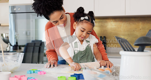 Image of Cooking, mother and flour fun in kitchen with pin for baking, cookies and black family bonding in house. Mama, child and learning cookie baker skill in home with happy smile together with parent.