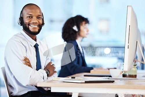Image of Crm, call center portrait and black man working on lead generation and kpi at a office. Customer service, web support and contact us employee with a smile from online consulting job and career