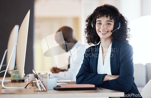 Image of Portrait, call center and black woman in a sales and lead generation consultant office. Customer service, digital web support and contact us employee with smile from online consulting job and career