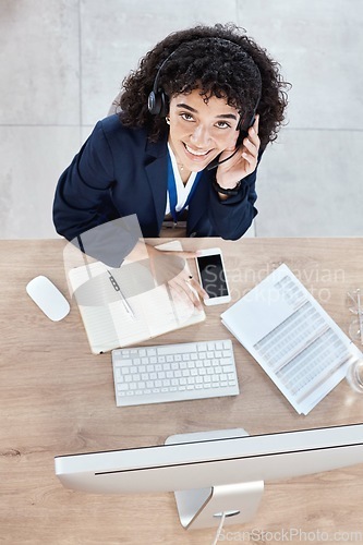 Image of Call center portrait, computer consulting and happy woman telemarketing on contact us CRM or telecom. Customer service top view, online e commerce or information technology consultant on microphone
