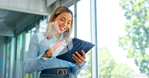 Image of Tablet, laugh and face of business woman in office for planning, email and social media news. Success, motivation and idea with employee browsing on report for research, internet and technology