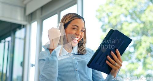 Image of Business woman, tablet and walking in victory for good news, promotion or winning at the office. Happy female employee taking walk in celebration for win, bonus or achievement with touchscreen