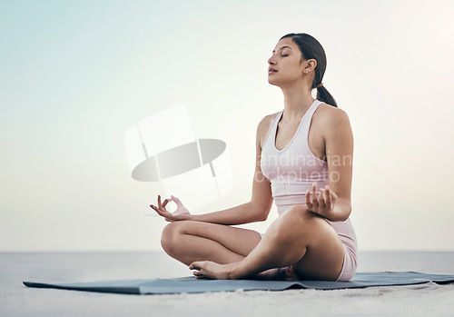 Image of Relax, woman and yoga in nature for wellness, peace and zen, pose and balance on light mockup sky. Fitness, girl and meditation, training and energy outdoor for peaceful, mindset and chakra workout