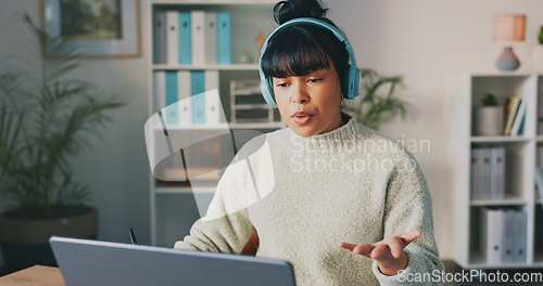 Image of Business, creative and black woman with laptop, thinking and digital planning in modern office. Agent, African American female employee and consultant with focus, headphones and ideas for new project