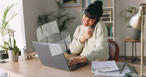 Image of Business woman, phone call and laptop in home office for customer networking, sales consulting or digital marketing strategy. Smile, happy or remote lockdown worker with paper documents or technology