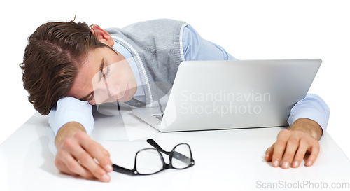 Image of Tired businessman sleeping with laptop, white background and burnout. Fatigue, lazy and sad worker taking a nap at computer, studio background and frustrated from anxiety, mistake and sick stress