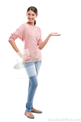 Image of Portrait, mockup and brand with a model woman in studio isolated on a white background to promote a product. Marketing, branding and advertising with a female posing on blank product placement space