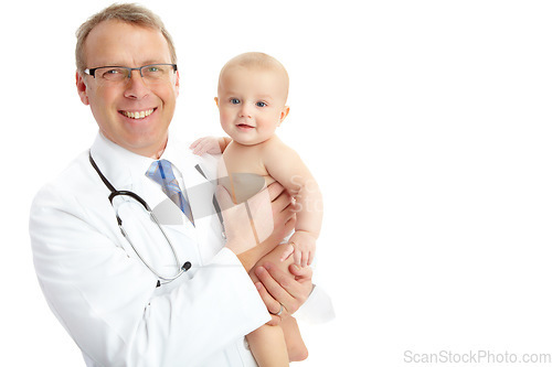 Image of Portrait, doctor and man with baby in studio isolated on a white background mockup. Face, healthcare and happy medical worker, physician and mature male pediatrician holding infant, kid or toddler.