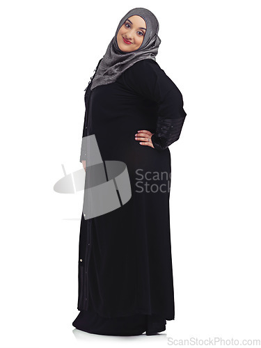 Image of Fashion, Muslim and portrait of woman on a white background with confidence, elegance and happy attitude. Culture, religion and female isolated in studio with Islamic, cultural and Arabian clothes