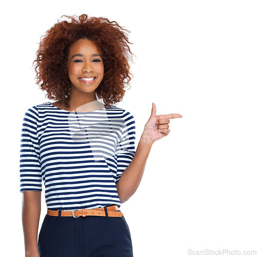 Image of Mockup, portrait and black woman, pointing or happy with female isolated on white studio background. African American girl, lady or gesture for brand development, advertising and creative on backdrop