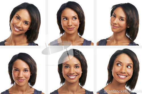 Image of Happy black woman, headshot or collage on isolated white background for emoji or facial expression mosaic. Smile, face or model in composite montage for fun profile picture or business ID photography