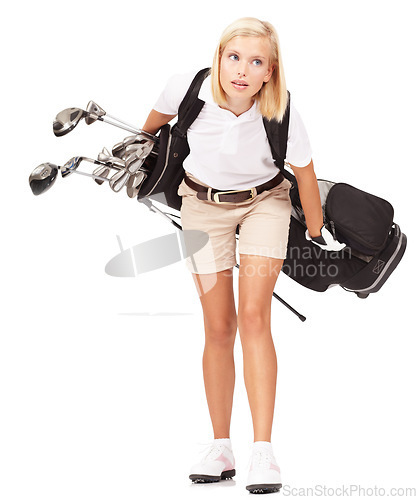 Image of Sports, athlete and woman golfer in a studio with clubs for exercise, training or golfing motivation. Fitness, golf and female model carrying heavy sport equipment isolated by a white background.